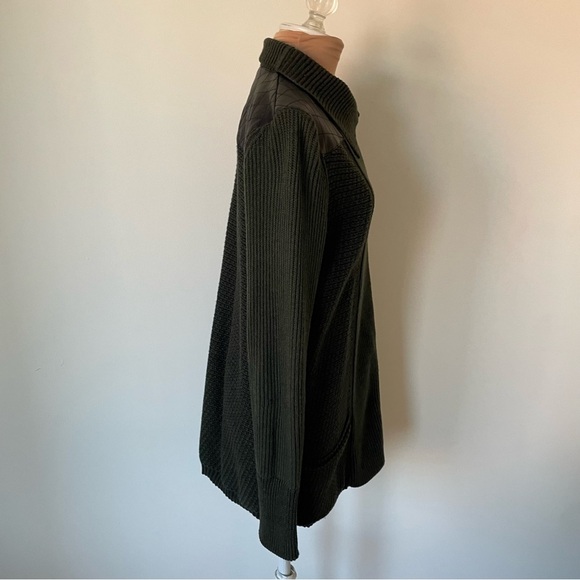 White+Warren Cotton Knit Army Green Black Quilted Leather Yoke Sweater Jacket M - Picture 5 of 9